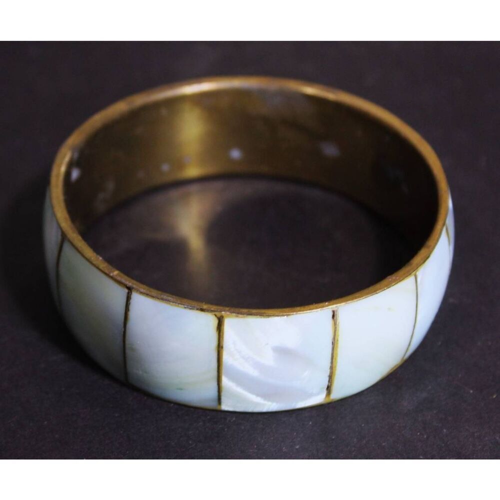 Vintage 70s Mother of Pearl inlay Solid Brass Bangle Bracelet